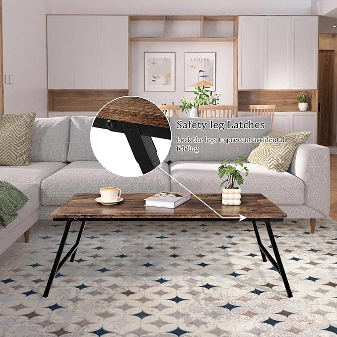 Folding Coffee Table Modern Industrial Center Table Wooden Rectangular Floor Table for Sitting on The Floor Portable Small Low Desk for Living Room Small Spaces