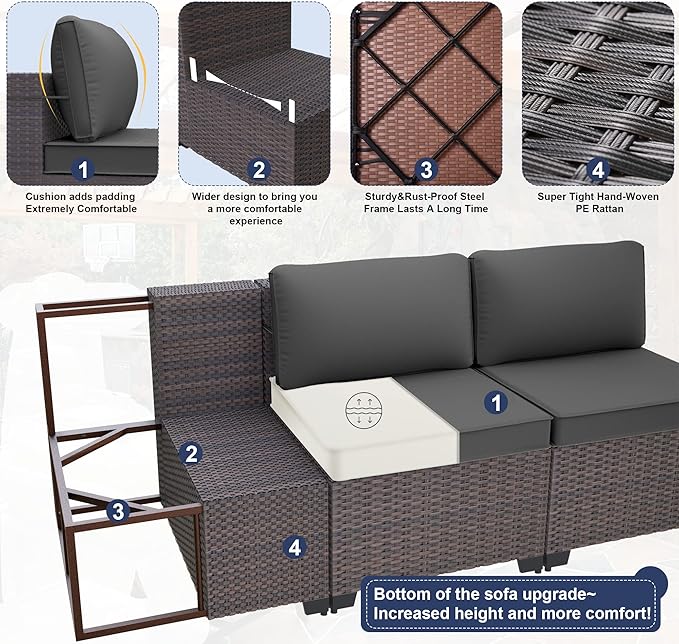 Kurapika 13 Pieces Patio Furniture Set, Rattan Wicker Outdoor Conversation Sets w/43in Propane Fire Pit Table and 4 Inch Cushion(Grey)