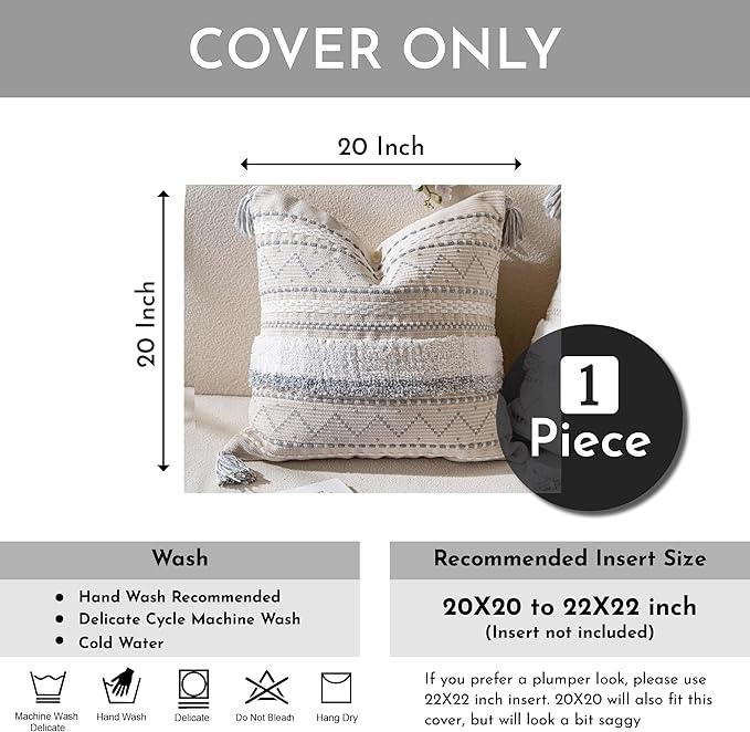 Gray Decorative Throw Pillow Cover 20x20 Square Boho Neutral White Accent Pillowcase Tassels Farmhouse Cushion for Couch Sofa Bedroom Living Room Home Décor (Cover ONLY, Pack of 1)