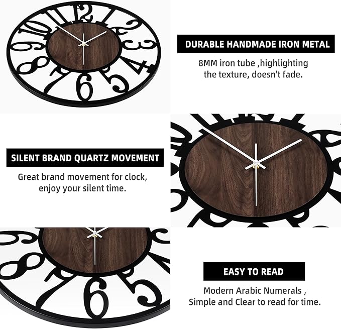 LEIKE Large Wall Clocks,Silent,Non Ticking,Battery Operated Big Retro Round Modern Wood Wall Clock for Living Room, Bedroom,Dinning Room,Farmhouse,Office,Home Decor-20 Inch(Black-Arabic Number)