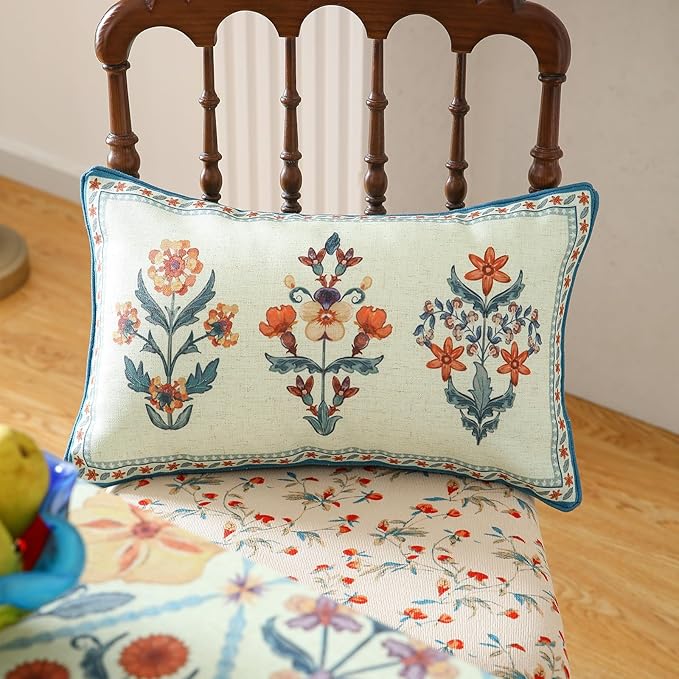 Design Lumbar Linen Throw Pillow Covers 12"x20" Pack of 2, Blue Country Cushion Covers with Colorful Wildflower Pattern Decor Rectangle Pillowcases for Bed,Living Room,Outdoor,Car