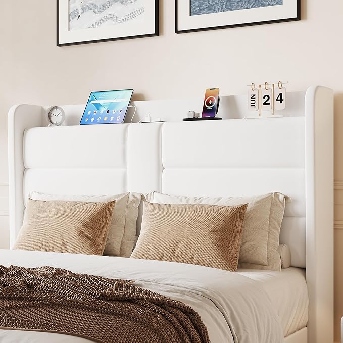 SHA CERLIN Full Size Bed Frame with Charging Station & Storage Headboard, Velvet Platform Bed with Upholstered Modern Wingback Design, Wooden Slats Support, No Box Spring Needed, Easy Assembly, White