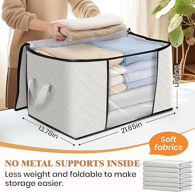 Fab totes 10 Pack Clothes Storage, Foldable Thick Fabric Blanket Storage Bags, Containers for Organizing Bedroom, Closet, Clothing, Comforter,Organization with Handle,Ivory White