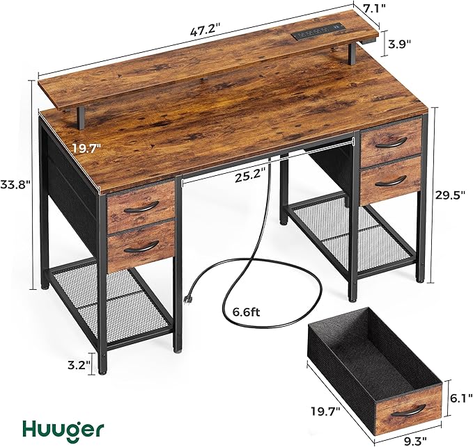Huuger 47 inch Computer Desk with 4 Drawers, Gaming Desk with LED Lights & Power Outlets, Home Office Desk with Large Storage Space for Bedroom, Work from Home, Rustic Brown