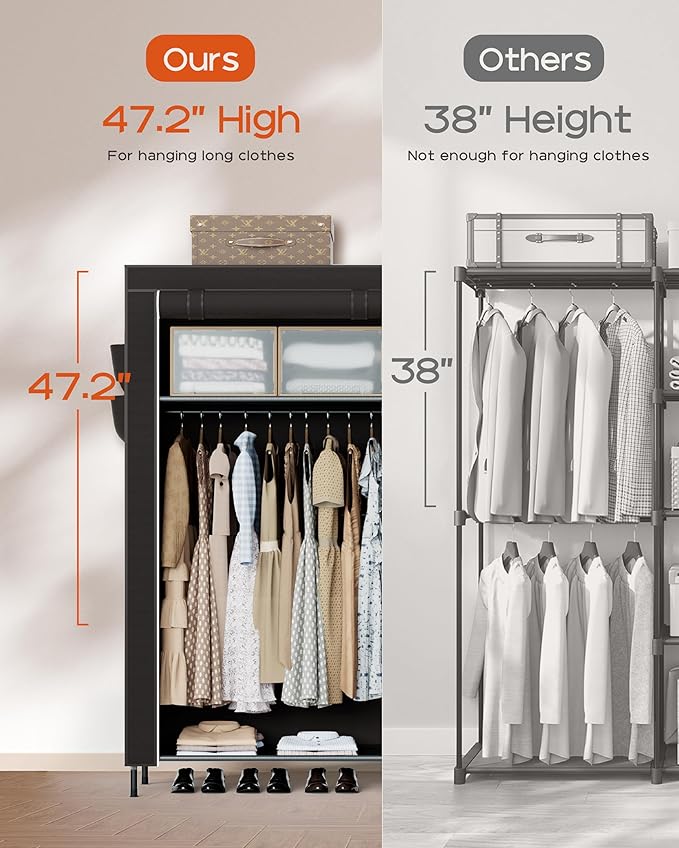 Portable Closet, 61.8 Inch Large Capacity Wardrobe Closet with Cover, Clothes Storage Organizer with Shelves and 2 Hanging Rods, Easy to Assembly, Black PCT222B01