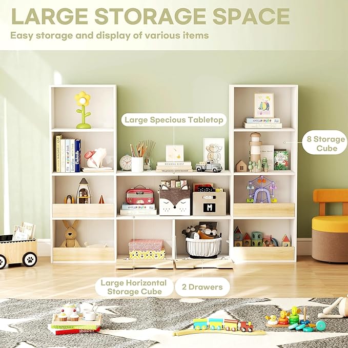 Kids Bookshelf and Toys Storage Organizer - 4 Tier Bookcase for Kids Room, 9 Cube Toys Bookshelf with 2 Drawers,Book Shelf for Living Room Playroom for Children,Toddlers, Gifts,Oak & White