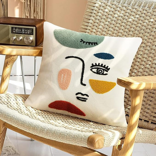 Merrycolor Soft Aesthetic Decorative Throw Pillow Covers 18x18 Modern Abstract Face Art Pillow Covers Colorful Embroidery Square Cushion Case Boho Cute Pillows for Bedroom Couch Sofa Living Room,1PC