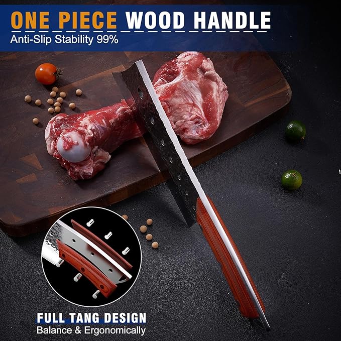 Meat Cleaver Knife Set, 2PCS Hand Forged Japanese Butcher Knife Set for Meat Cutting, Viking, Boning. Serbian Chef Knives & Sharp Kitchen Vegetable Knives for Home, Outdoor Cooking, BBQ Gift.