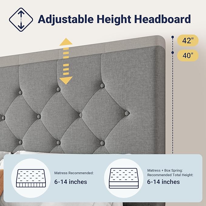 Allewie Upholstered King Size Platform Bed Frame with 4 Storage Drawers and Headboard, Diamond Stitched Button Tufted, Mattress Foundation with Wooden Slats Support, No Box Spring Needed, Light Grey