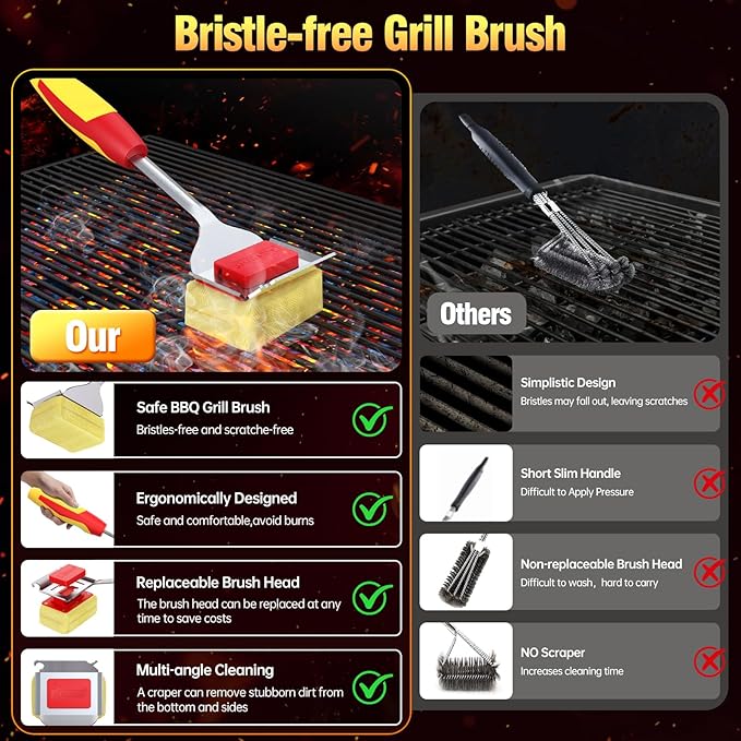 Grill Brush Bristle Free for Outdoor Grill, Steam Grill Cleaning Brush Replaceable BBQ Cleaner Brush Head,Extended Handle, Safe Grill Brush with Scraper for Cast Iron Stainless-Steel Grates, Red