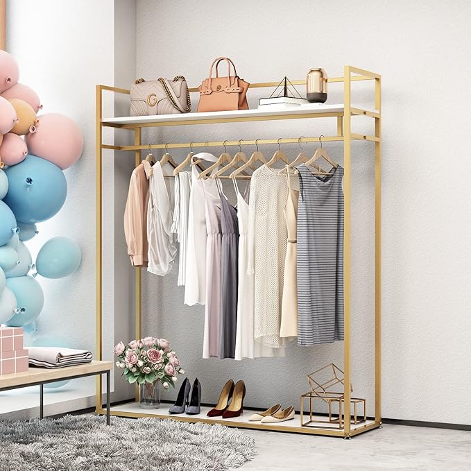 Heavy Duty Gold Clothing Rack with Shelves for Hanging Clothing, Gold Metal Freestanding Garment Rack for Retail Display (59" L)