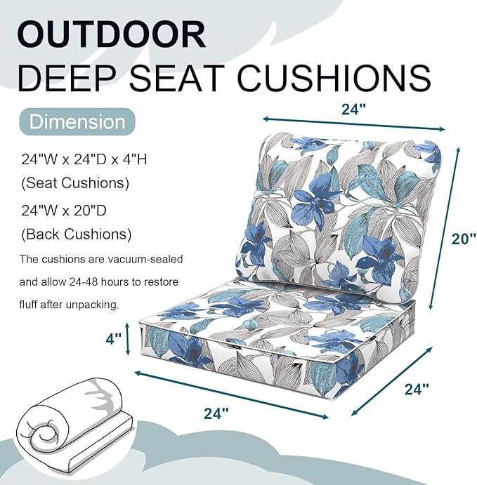 Outdoor Deep Seat Cushions Set 24 x 24 Inch for Patio Furniture,Water Resistant Chair Cushions Replacement Includes Seat Cushion & Back Pillow for Couch Sofa, Wicker Chair - Clemens Noir Blue
