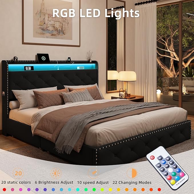 BRELTAM Black Queen Size Bed Frame with LED Light and Charging Station,Upholstered Velvet Tufed Bed Frame with 4 Storaged Drawers Platform Bed Frame with Headboard Heavy Duty Wood Slats, Noise Free