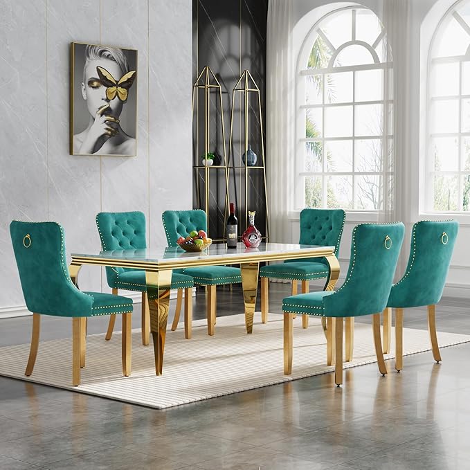 70" Marble Dining Table Set for 6, Modern 7 Piece Dining Room Table Set with White Faux Marble Dining Table & 6 Green Velvet Upholstered Chairs, Luxury Gold Kitchen Table Chairs Set of 6