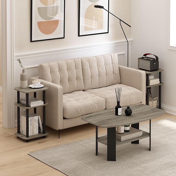 Furinno Just 3-Tier Turn-N-Tube Curve End Table, Side Table, 2-Pack, French Oak/Black