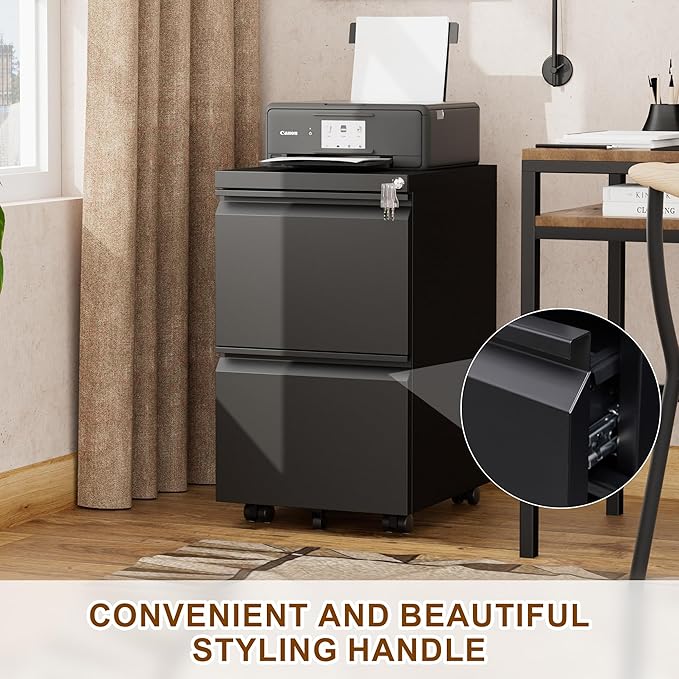 Metal Mobile File Cabinet with Lock and 4 Keys - Fully Assembled, Under Office Desk 2 Drawers Filing Cabinet for Home Office with Anti-tilt Wheels, A4/Legal/Letter Hanging File Drawers