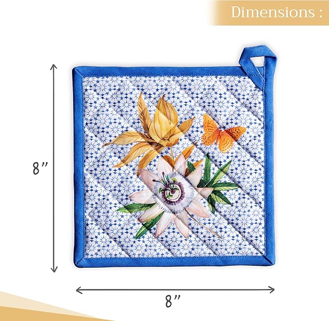 Maison d' Hermine Pot Holders 100% Cotton Heat Resistant Potholders 8" x 8" Hot Pads with Loop BBQ, Cooking, Baking, Grilling, Kitchen, Handling Hot Pans Spring/Summer (Pack of 1, Passiflora)