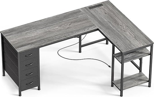 Huuger 55 Inch L Shaped Desk with Fabric Drawers, Reversible Computer Gaming Desk with Power Outlets and USB-C Port, Adjustable Side Storage Shelves, for Work Study Corner Home Office, Grey