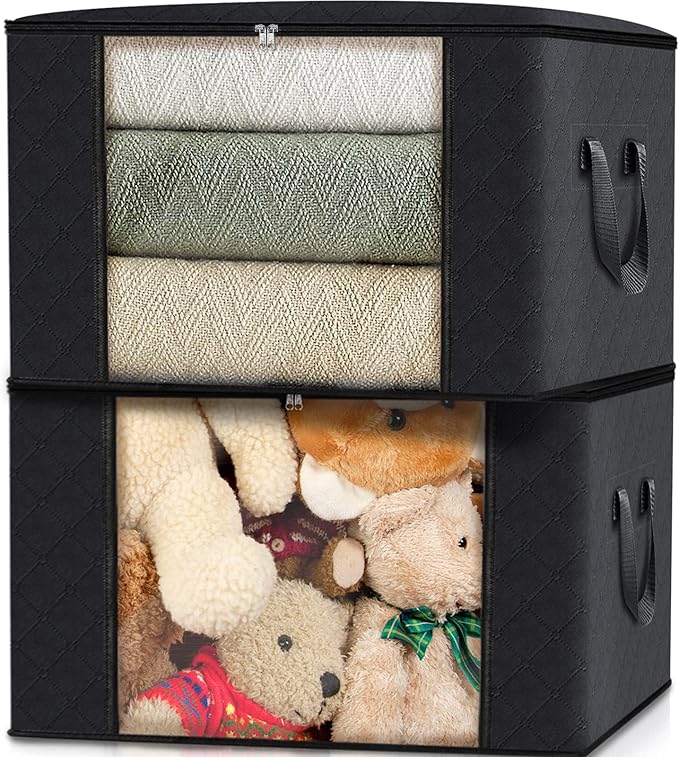 Fab totes 4 Pack Clothes Storage, Foldable Thick Fabric Blanket Storage Bags, Containers for Organizing Bedroom, Closet, Clothing, Comforter,Closet Organization with Handle,Black