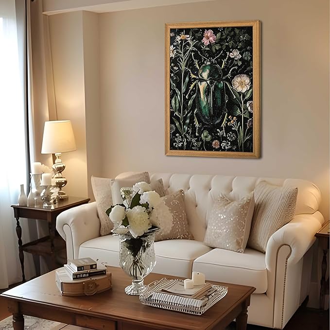 Framed Vintage 3D Textured Wall Art - Gothic Dark College Beetle Wall Decor - Hand Drawn Sandstone Nature Botanical Pictures for Living Room Bedroom Home Decor 24x36in