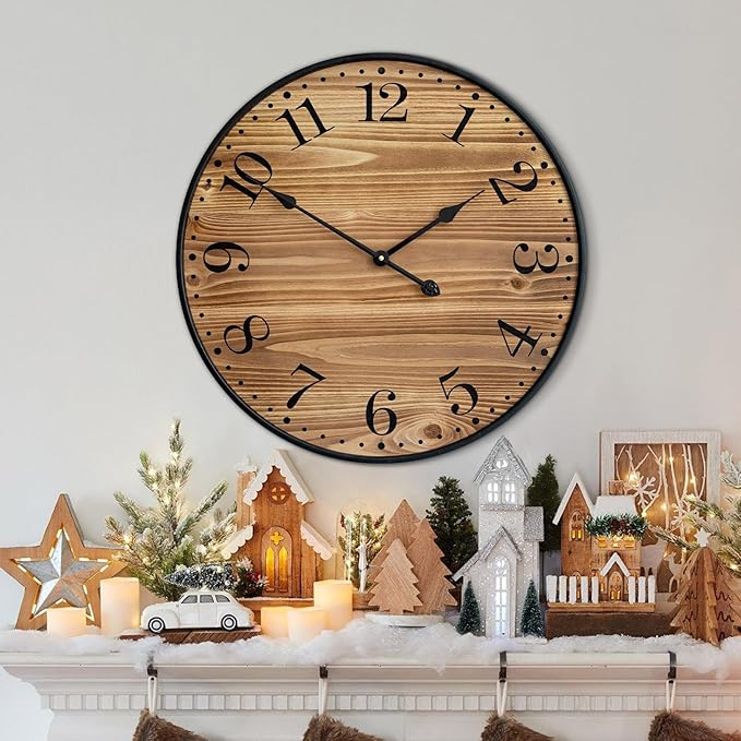 Rustic Farmhouse Wall Clocks for Living Room Decor, Large 24 inch Wall Clock with Dark Brown Wooden Face and Black Metal Frame, Silent Battery Operated for Kitchen Bedroom Entryway