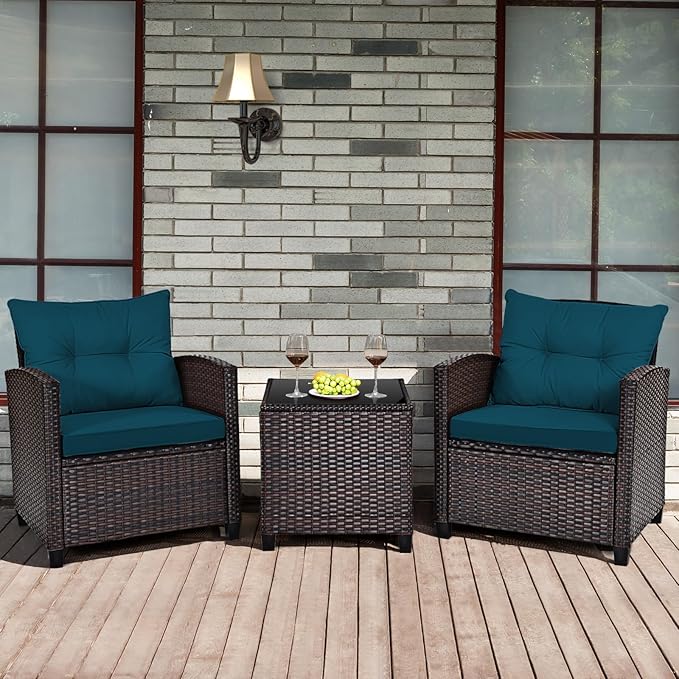 Tangkula 3 Pieces Patio Furniture Set, PE Rattan Wicker 3 Pcs Outdoor Sofa Set w/Washable Cushion and Tempered Glass Tabletop, Conversation Furniture for Garden Poolside Balcony (Prussian Blue)