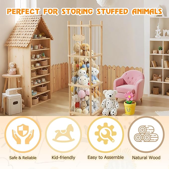 Stuffed Animal Storage , Wooden Stuffed Animal Storage with High Elastic Rope, Large Stuffed Animal Zoo 51" for Nursery Playroom Bedroom (varnish color)