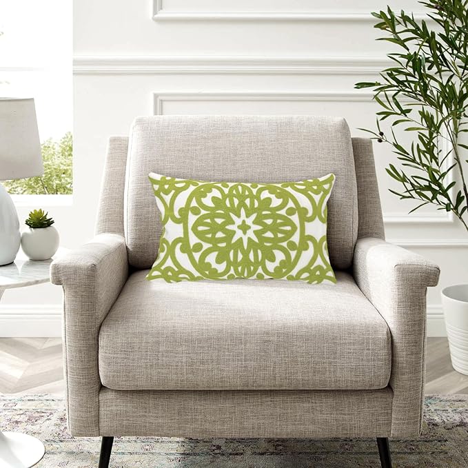 Alysheer Embroidered Lumbar Decorative Throw Pillow Cover 12 x 20 inches, Classic Mandala Chic Pattern Avocado Green Farmhouse Cushion Case for Sofa Couch Bed Living Room(Chartreuse Green)