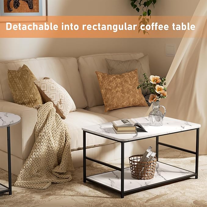 WOHOMO 48IN Faux Marble Wood Coffee Table with Adjustable Shelf, White Nesting Tables Set of 2, Small Coffee Tables for Living Room