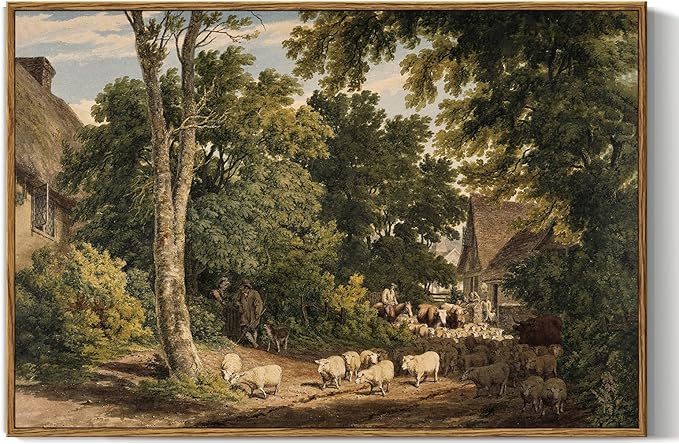 InSimSea Framed Canvas Wall Art Vintage Decor, Room Decor Classical Countryside Landscape Farmhouse Watercolor Painting Large Wall Art for Living Room Badroom Bathroom, 16"x24"