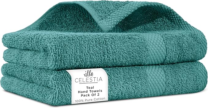 100% Cotton Hand Towel Set of 2, (16 x 28 inches) Sustainable, Soft, Highly Absorbent, Quick Drying, Combed Cotton Hand Towels Pack of 2 Ideal for Hotels, Spa, Bathroom, Dorm, Teal