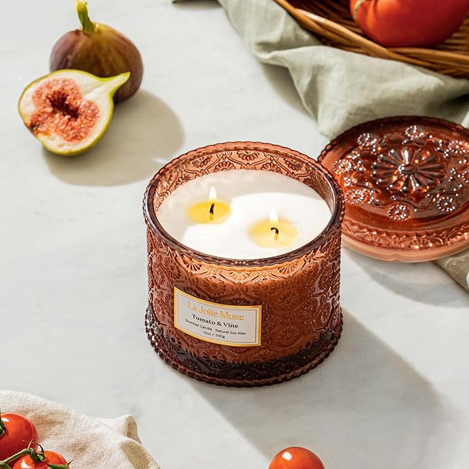 LA JOLIE MUSE Tomato & Vine Scented Candle, Candles for Home Scented, Large 2-Wick Soy Candles, Luxury Jar Candle Gifts for Women & Men, 60 Hours Long Burning, 12oz