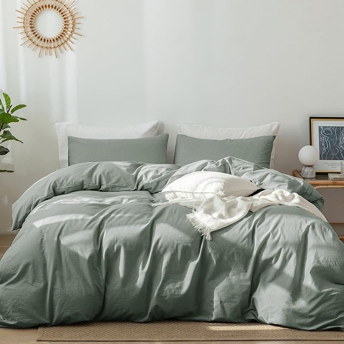 MooMee Bedding Duvet Cover Set 100% Washed Cotton Linen Like Textured Breathable Durable Soft Comfy (Heathered Green, Super King 108"x98")
