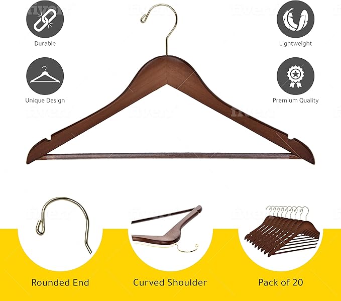 Quality Wooden Hangers - Slightly Curved Hanger 80 Pack Sets - Solid Wood Coat Hangers with Stylish Chrome Hooks - Heavy-Duty Clothes, Jacket, Shirt, Pants, Suit Hangers (Walnut - Gold Hook, 80)