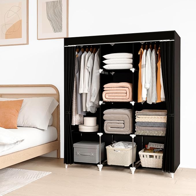 Portable Closet, 51 Inch Wardrobe Closet for Hanging Clothes with 2 Hanging Rods, 8 Storage Organizer Shelves for Bedroom, Durable and Easy to Assemble, Black
