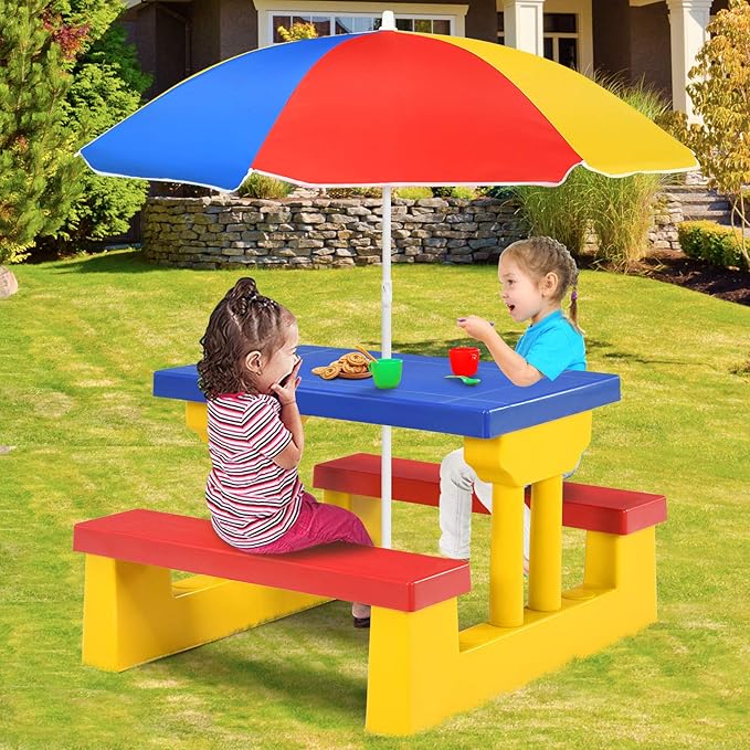 Costzon Kids Picnic Table, Indoor & Outdoor Table and Bench with Removable Umbrella, Portable Toddler Picnic Table and Chair Set for Garden, Backyard, Patio