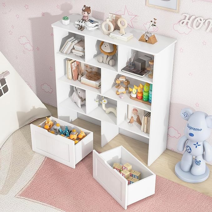 Toy Storage Organizer with Bookshelf, Large Toy Organizers and 2 Movable Drawers with Hidden Wheels and 8 Storage Cubbies, Kids Bookshelf and Toy Storage Chest, Playroom Furniture, White