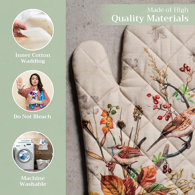 Maison d' Hermine Oven Gloves 100% Cotton Oven Mitt 7" x 13" with Loop Heat Resistant BBQ Cooking Gloves for Thanksgiving Christmas Decorations Baking Handling Hot Pans (Pack of 1, Recolte)