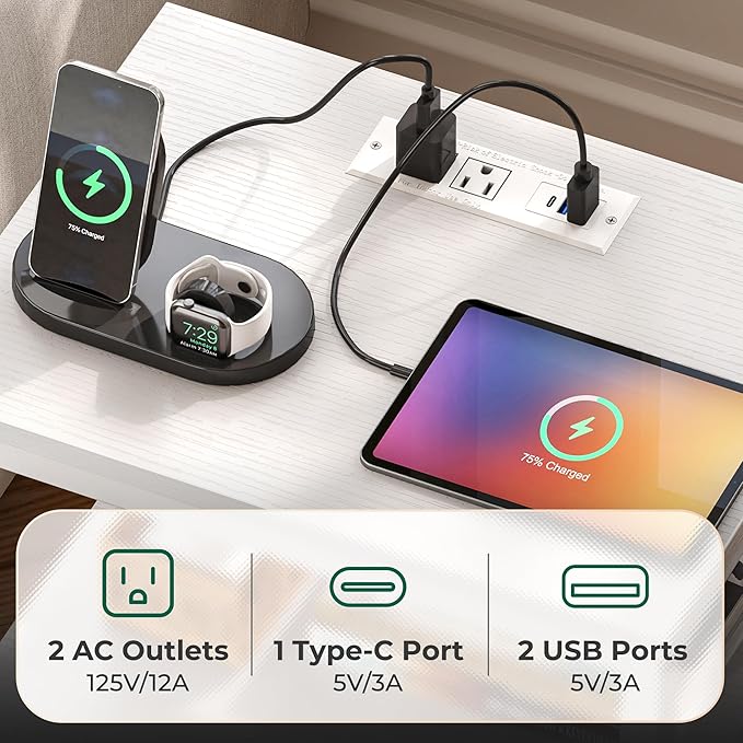 Huuger Night Stand with Charger Station and LED Lights, 3 Drawer Nightstand, Bed Side Table with Open Shelf, End Table, Tall Fabric Dresser for Bedroom, PU Leather, White