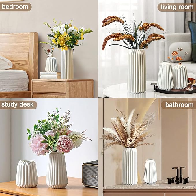 Ceramic Vases Set of 3-White Vase for Modern Home Decor, Flower Vases for Aesthetic Room Decor,Boho Decor Wedding Dinner Table Party Office Centerpiece Table Decorations (White 3 Set)