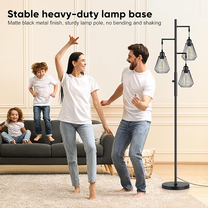 QiMH Industrial Floor Lamps for Living Room, Tree Standing Lamp with Stepless Dimmable, 68" Modern Tall Lamps for Bedroom Study Home Office, Rotary Switch, 3 LED Bulb Included, Black