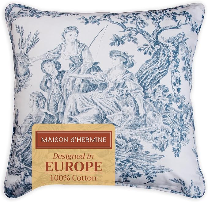 Maison d' Hermine Decorative Pillow Covers 20x20 Inch Square 100% Cotton Throw Pillow Covers with Invisible Zipper for Living Room Couch, Chair, Sofas, Bedroom, Home (The Miller - Blue (White))