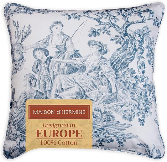 Maison d' Hermine Decorative Pillow Covers 20x20 Inch Square 100% Cotton Throw Pillow Covers with Invisible Zipper for Living Room Couch, Chair, Sofas, Bedroom, Home (The Miller - Blue (White))