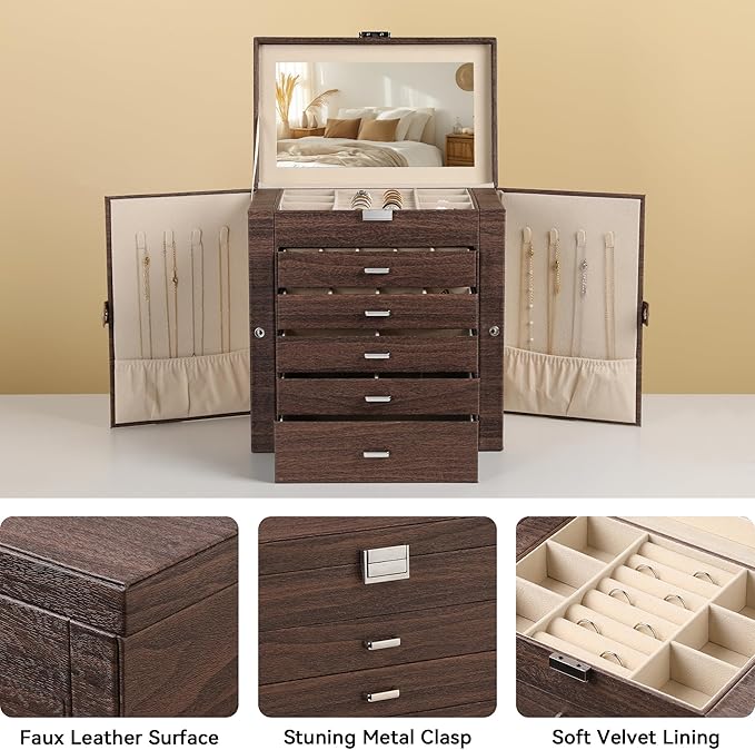 Frebeauty Large Jewelry Box,6-Tier PU Leather Jewelry Organizer,Multi-functional Storage Case with Mirror,Accessories Holder with 5 Drawers for Necklace Bracelets Watches(Tree Brown)