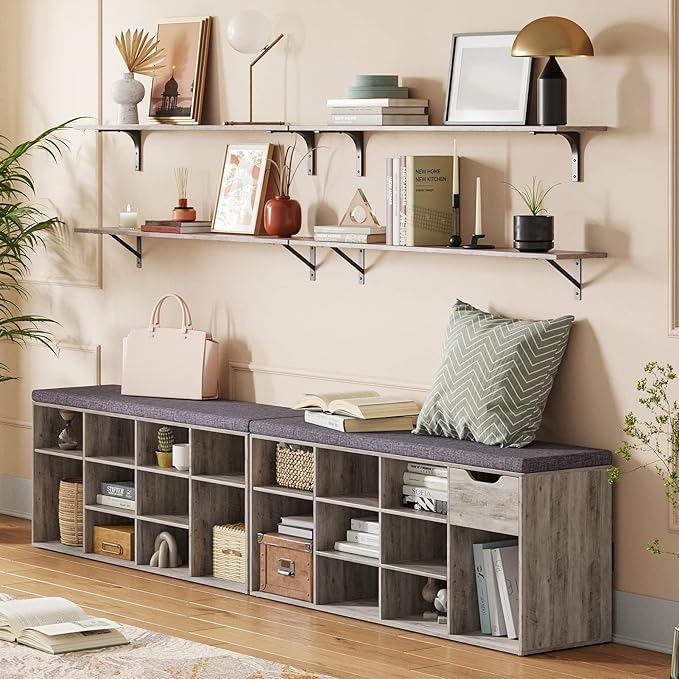 DINZI LVJ Shoe Storage Bench with Cushion, Cubby Rack with 12 Cubbies, Adjustable Shelves, Multifunctional Organizer Bench for Entryway, Mudroom, Hallway, Closet and Garage, Greige