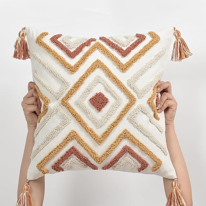 Boho Pillow Covers 18X18 Inch Boho Tufted Throw Pillow Covers Decorative Tassels Cushion Cover Farmhouse Pillow Case for Couch Sofa Bed Living Room Bedroom, Rust