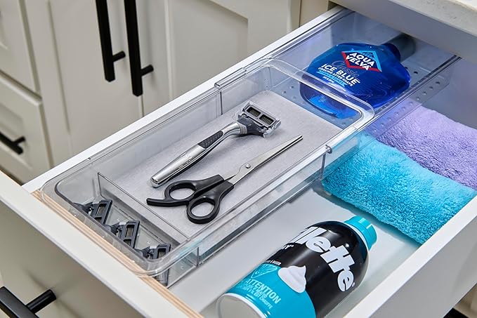 madesmart Expandable Dental Tray Drawer Organizer with Drying Stone, Clear Plastic Drawer Organizer for Toothbrush, Dental Floss, Water Flosser, Mouthwash