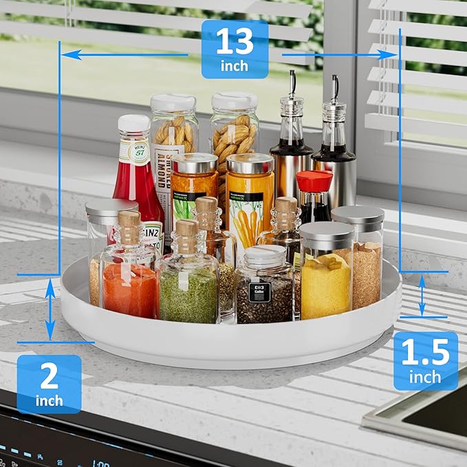 Ovicar Lazy Susan Cabinet Organizer - 13 inch Metal Turntable Lazy Susan for Kitchen Spice Rack Pantry Cupboard Bathroom Countertop Refrigerator Table Storage, White