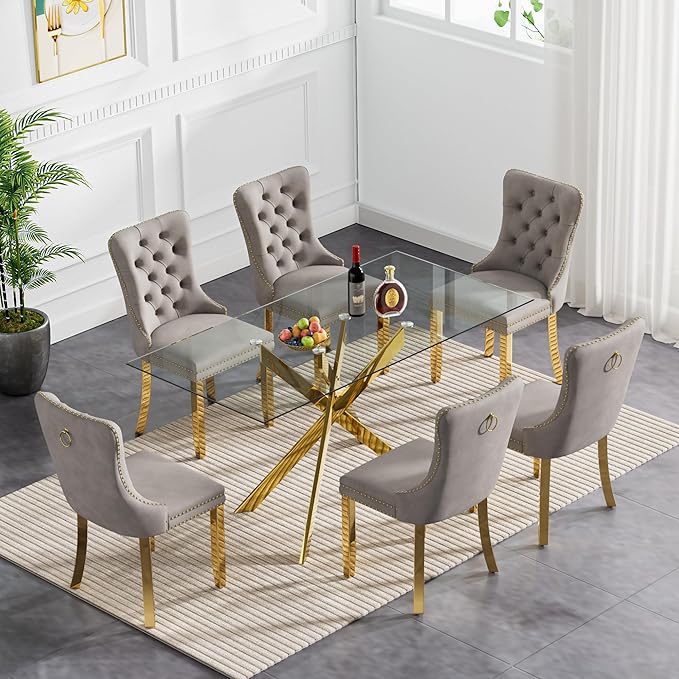 Goujxcy Glass Dining Table Set for 6, Modern Kitchen Table and Chairs Set of 6, 7-Piece Kitchen Dining Room Table Set w/51 Glass Gold Dining Table and 6 Grey Velvet Upholstered Chairs