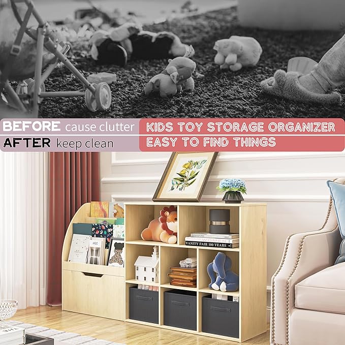 Kids Bookshelf and Toy Storage, Toy Storage Organizers with Movable Drawers & 3 Storage Bins, Kids Reading Nook Toy Organizers Shelf with 5 Cubbies, Natral Wood